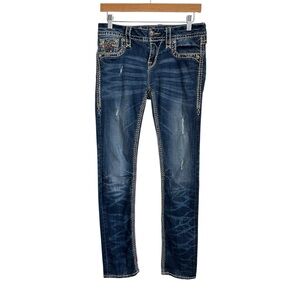 Rock Revival Women Elvina Straight Leg Distressed Jeans Sz 28 Denim Thick Stitch